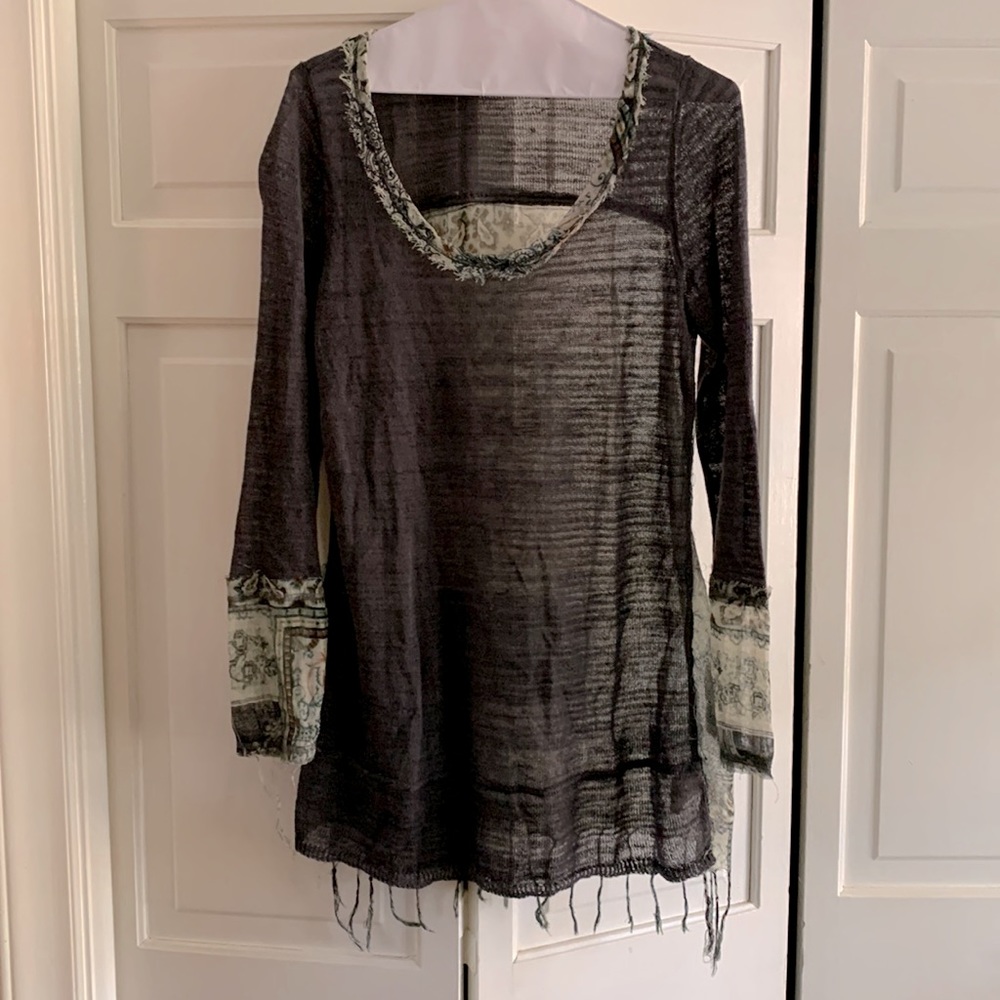 Free People Boho Tunic Top Large Gray Green. Cool fringed back.